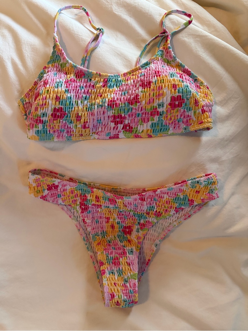 SHEIN Pink Yellow Blue Floral Smocked Bikini Set